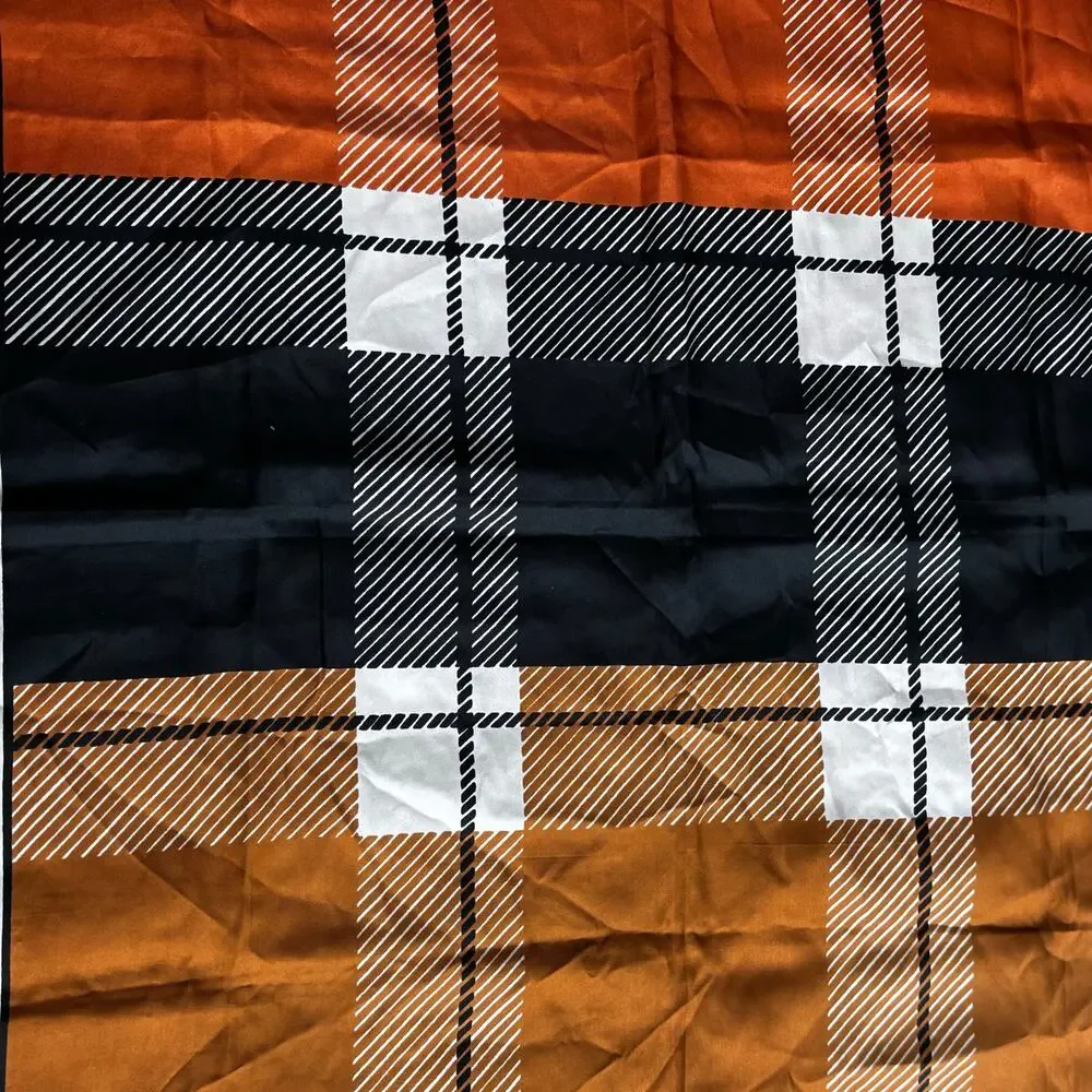 Vintage 1990's 100% silk scarf black creamy white & chocolate/rust brown plaid